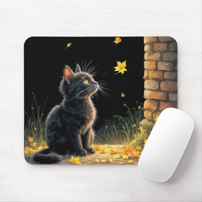Mousepad Kitten Assistindo uma Folha de outono em queda (Com mouse)