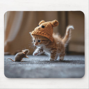 Mousepad Kitten brincando com um rato pequeno