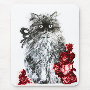 Mousepad KITTEN COM ROSAS, Preto e Vermelho Branco