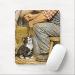 Mousepad Kitten Drinking Cow Milk<br><div class="desc">Cute tuxedo kitten enjoys fresh milk while a farmer sits on a wooden stool milking a cow in the barn</div>