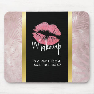 Mousepad Lábios brilhantes cor-de-rosa e folhas tropicais