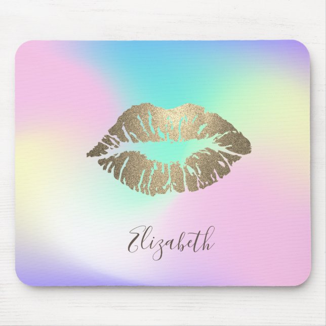 Mousepad Lábios Brilhantes Dourados Iridescentes Holográfic (Frente)