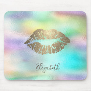 Mousepad Lábios Brilhantes Dourados na Moda Arco-íris Holog