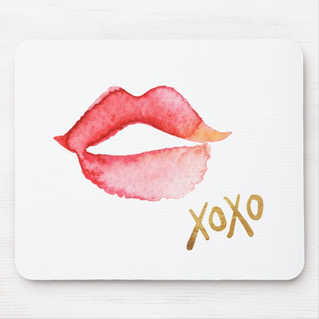 Mousepad Lábios da aguarela & folha Dourado XOXO (Frente)