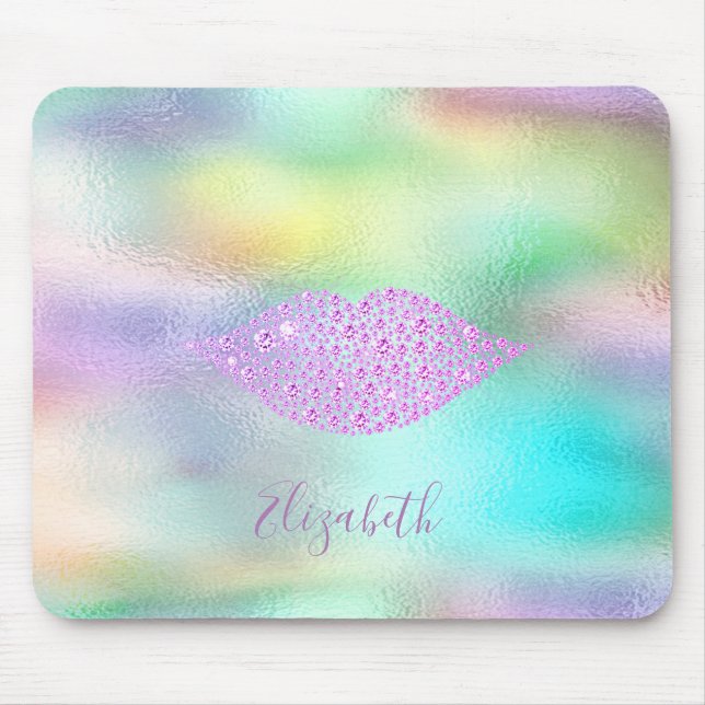 Mousepad Lábios Diamantes Tendência Arco-íris Holográfico (Frente)