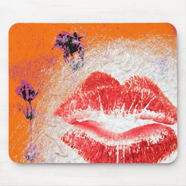 Mousepad Lábios no fundo laranja Flores roxas (Frente)