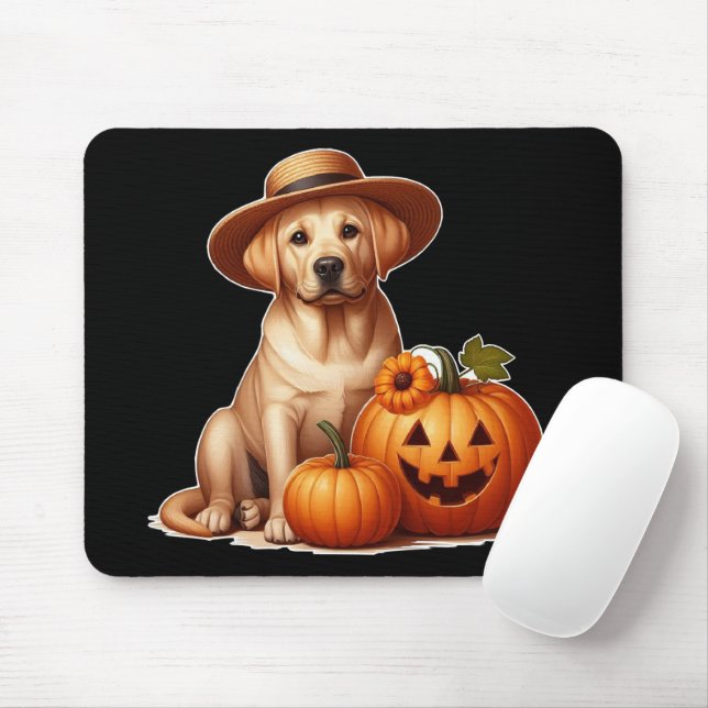 Mousepad Labrador Amarelo Puppy Vestindo Chapéu com Pumpkin (Com mouse)