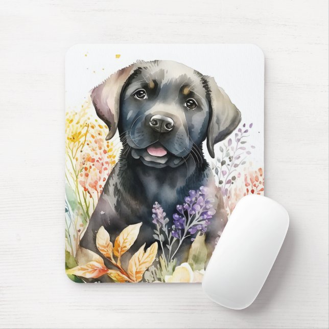 Mousepad Labrador Retriever Preto aquarela e Flores (Com mouse)
