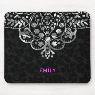Mousepad Lace de Vintagem Metálica Elegante Preto Damasco S