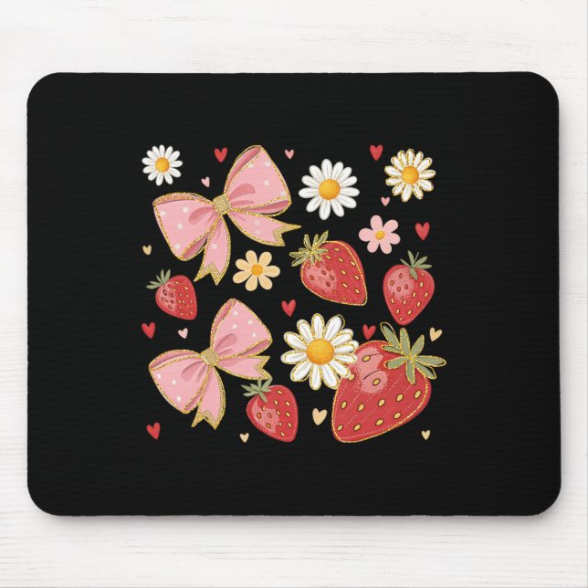 Mousepad Laço Coquete de Fruta de Morango Floral Feminino  (Frente)