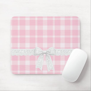 Mousepad Laço e Fita Branca em Xadrez Rosa