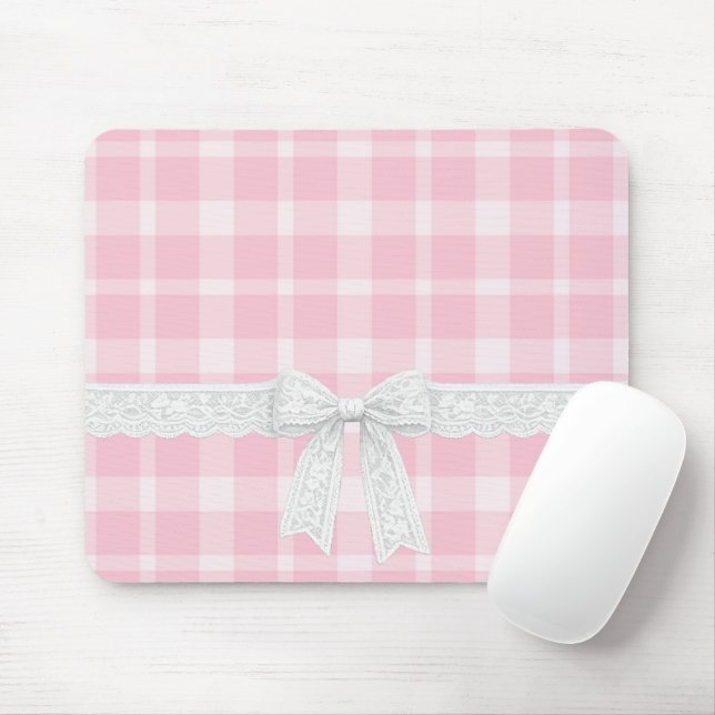 Mousepad Laço e Fita Branca em Xadrez Rosa (Com mouse)
