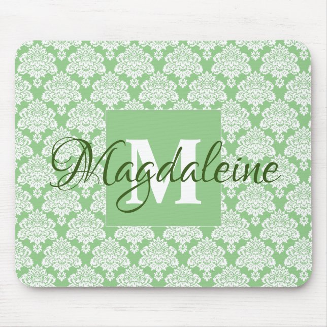 Mousepad Lacy Damask Feminine Green & White Monograma & Nom (Frente)