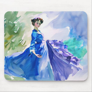 Mousepad Lady in Blue Vress - Pintura por Aquarela