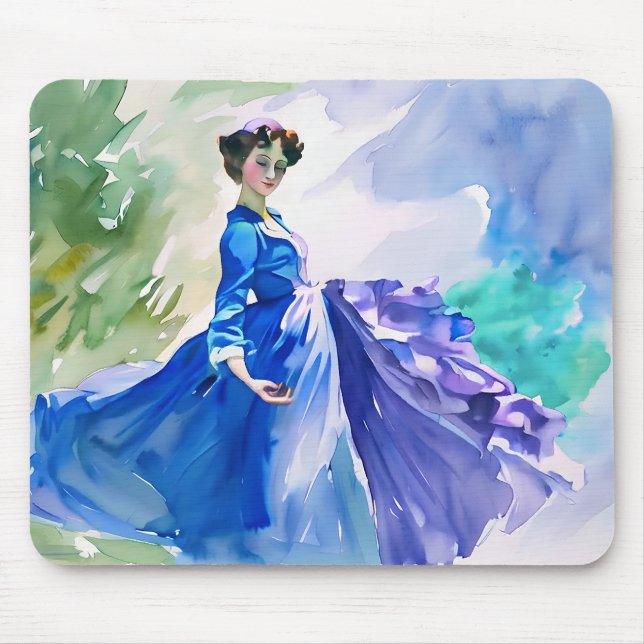 Mousepad Lady in Blue Vress - Pintura por Aquarela (Frente)