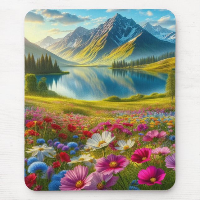 Mousepad Lago de montanha primavera/floral colorida (Frente)
