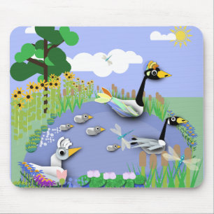 Mousepad Lagoa colorida de desenho animado com gansos e pat