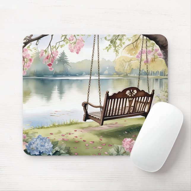 Mousepad Lakeside Swing em Jardim Romântico de Aquarela (Com mouse)