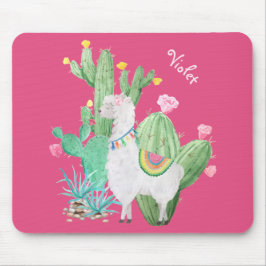 Mousepad Lama Bonito no Jardim Cactus - Rosa Personalizado