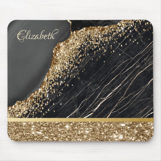 Mousepad Lantejoulas Brilhantes Douradas Elegantes Mármore  (Frente)