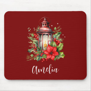 Mousepad Lanterna de Natal Vermelho Poinsettia e Pinheiro