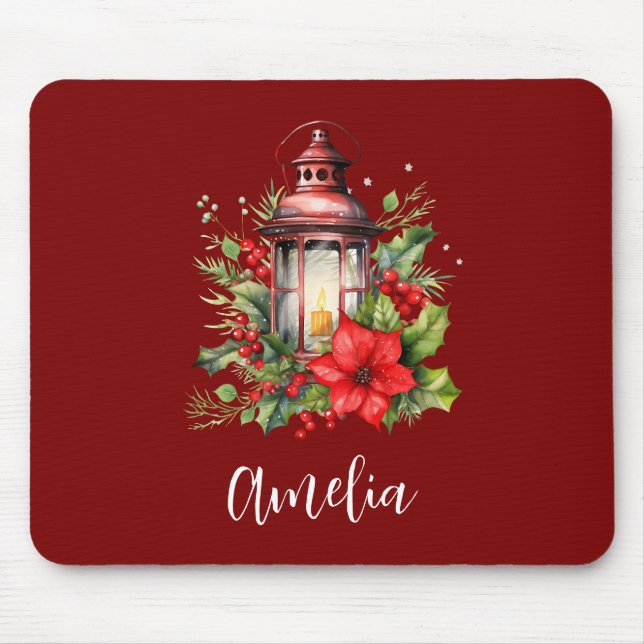 Mousepad Lanterna de Natal Vermelho Poinsettia e Pinheiro (Frente)