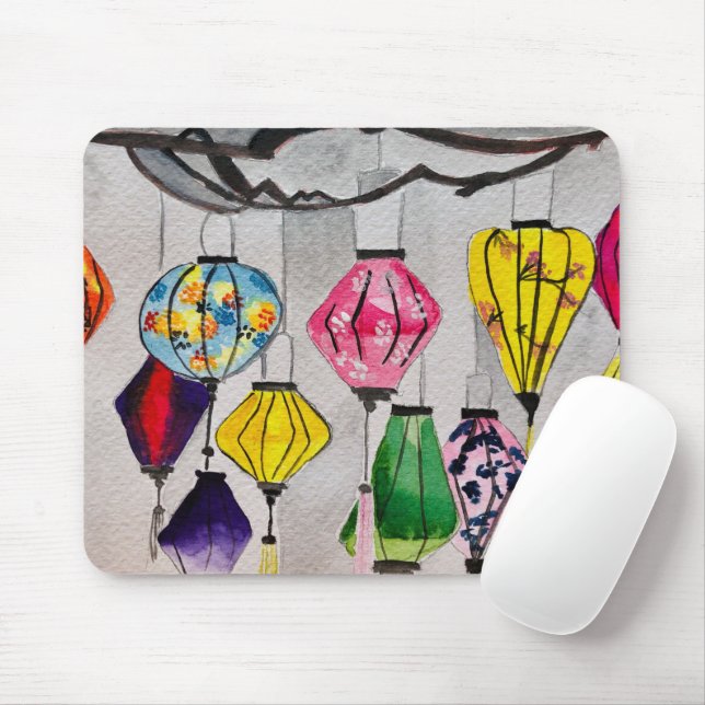 Mousepad Lanternas chinesas arte aquarela (Com mouse)
