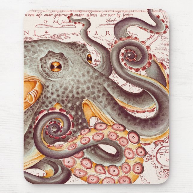 Mousepad Laranja Tangerina Polvo Tentáculos Mapa de Vintage (Frente)
