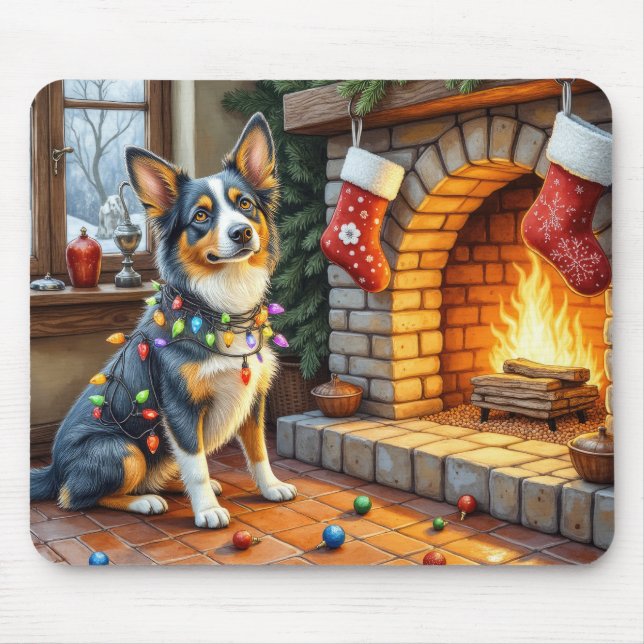 Mousepad Lareira Blue Heeler com Luzes de Natal (Frente)