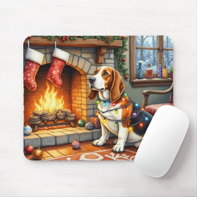 Mousepad Lareira com Basset Hound e Luzes de Natal (Com mouse)