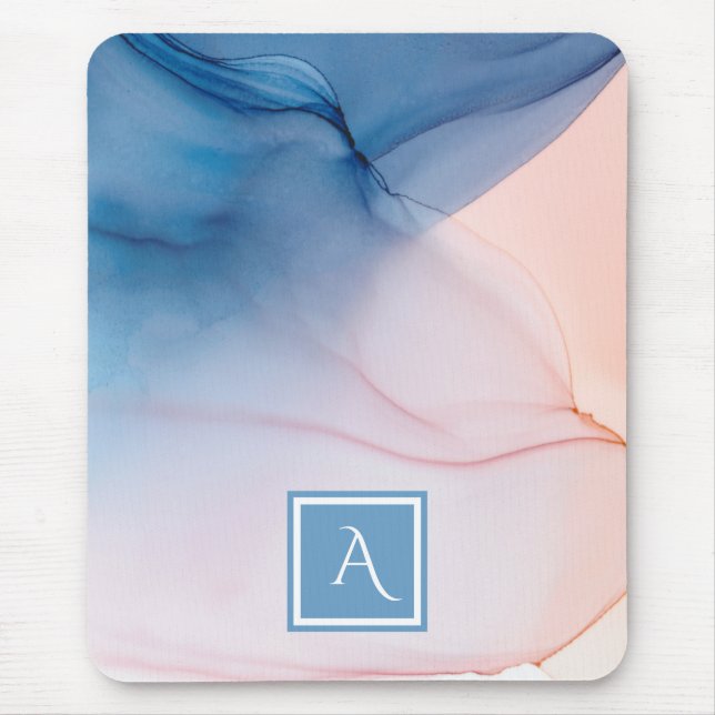 Mousepad Lava Abstrato de cor azul e pêssego com monograma (Frente)