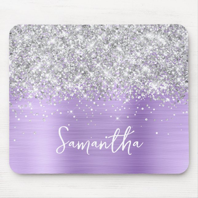 Mousepad Lavanda Glam Nome Brilho Prateado (Frente)