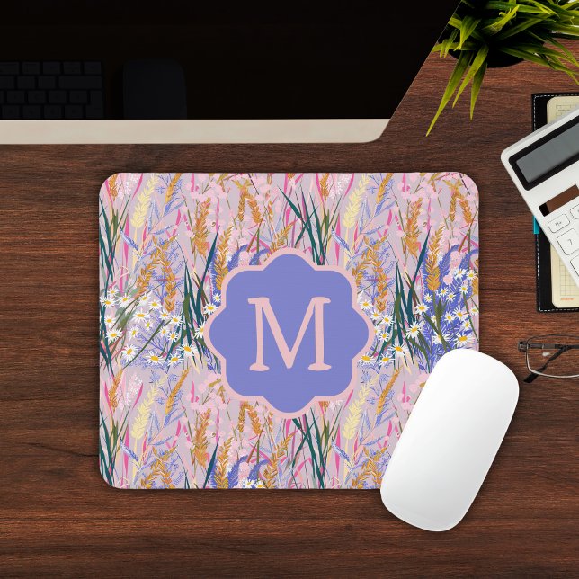 Mousepad Lavanda Monograma Personalizada (Lavender Daisies Custom Initial Monogram Floral Mouse Pad
)