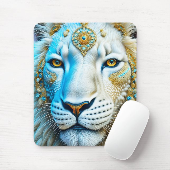 Mousepad Leão Majestoso Branco e Dourado   (Com mouse)