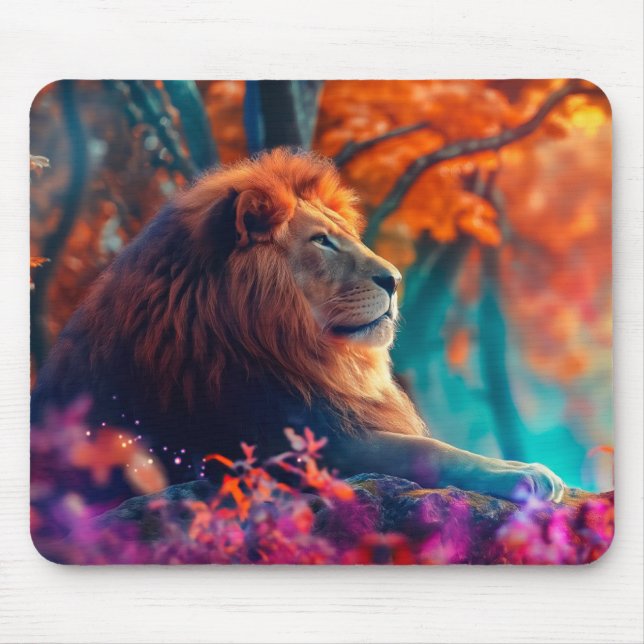 Mousepad Leão Majestoso no Design da Floresta Encantada (Frente)