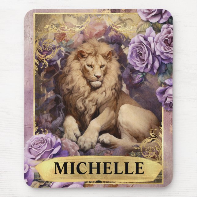 Mousepad Leão Romântico e Rosas Roxas Fantasia (Frente)