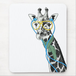Mousepad Legal girafa engraçada com óculos, fones de ouvido