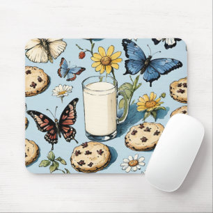 Mousepad Leite e Cookies com Flores e Borboletas Azul