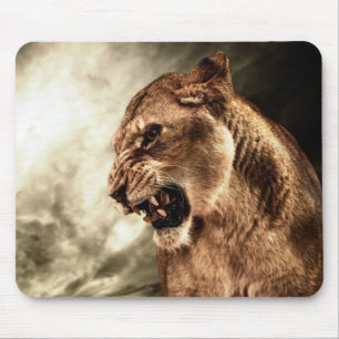 Mousepad Leoa rujir contra o céu tormentoso
