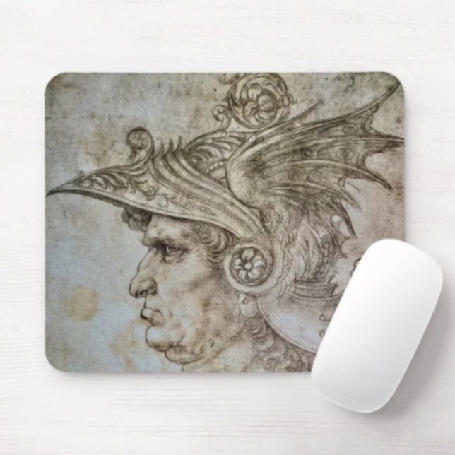 Mousepad Leonardo's Helmeted Warrior (Da Vinci’s Ancient Warrior Sketch mouse pad dust and stain resistant. 9.25"l x 7.75"w.  Rubber back.)