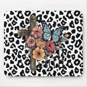 Mousepad Leopardo-das-neves Cruz, Flores e Borboletas