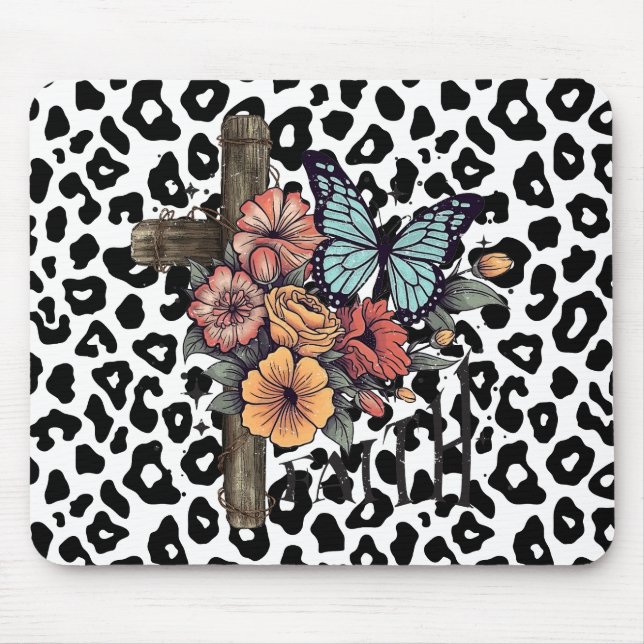 Mousepad Leopardo-das-neves Cruz, Flores e Borboletas (Frente)