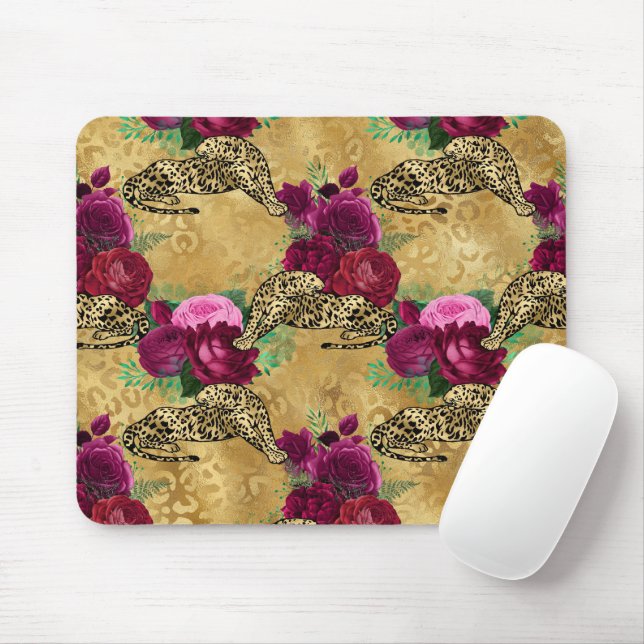 Mousepad Leopardo Guepardo Rosa Vermelha Floral Padrão de F (Com mouse)