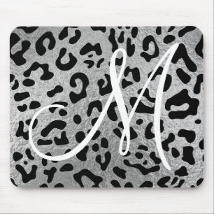 Mousepad Leopardo Negro e Monograma de Folha de Prata Faux