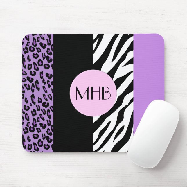 Mousepad Leopardo, Zebra, Impressão Animal, Roxo, Monograma (Com mouse)