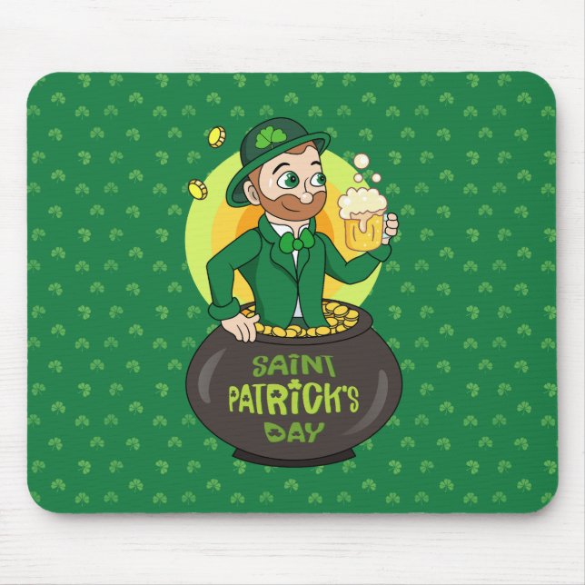 Mousepad Leprecaína de desenho animado em pote de ouro segu (Frente)