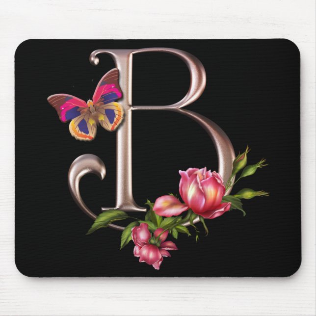 MOUSEPAD LETRA B DO MONOGRAMA COM ROSAS E BORBOLETA (Frente)