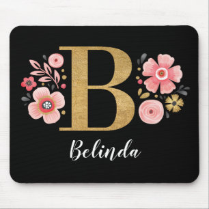 Mousepad Letra Dourada B Rosa Inicial Monograma