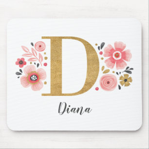 Mousepad Letra Dourada Rosa Inicial Monograma Feminina D
