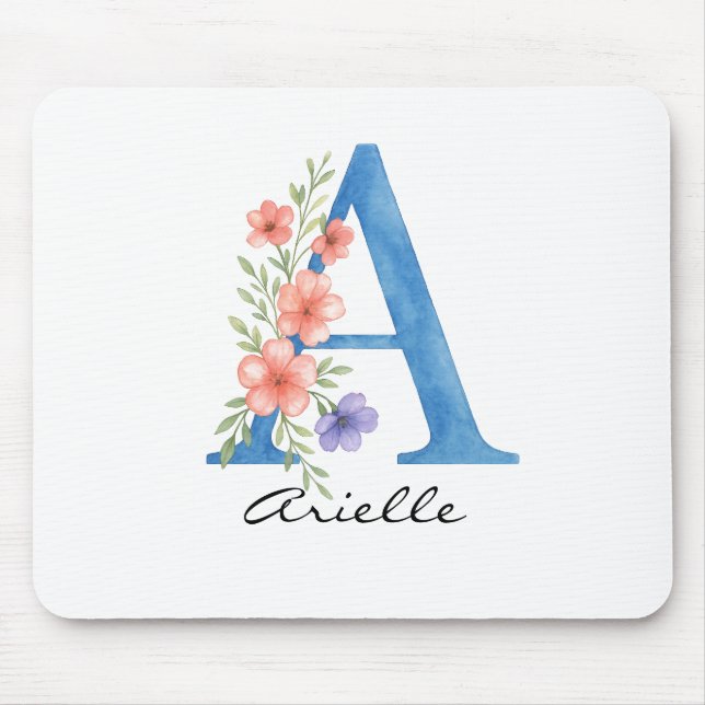 Mousepad Letra floral A personalizada com aquarela monogram (Frente)